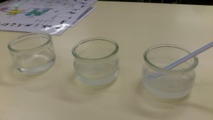 De gauche à droite : Verre témoin (eau de chaux), Verre A (eau de chaux + air ambiant, air inspiré), Verre B (eau de chaux + air expiré)
